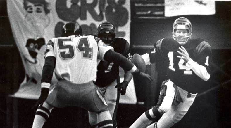 Cincinnati Bengals quarterback Ken Anderson scrambles during the 1981 AFC Championship game against the San Diego Chargers on Jan. 10, 1982. Dayton Daily News file