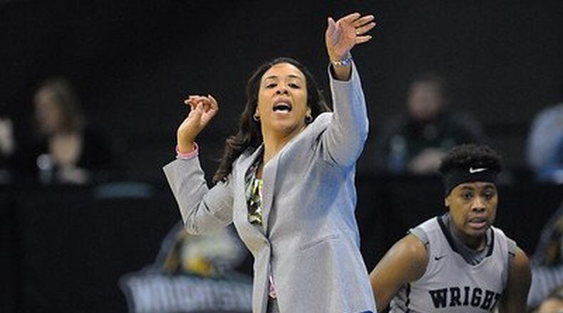 Wright State women’s basketball coach Katrina Merriweather during Sunday’s game vs. Oakland. Tim Zechar/Contributed photo