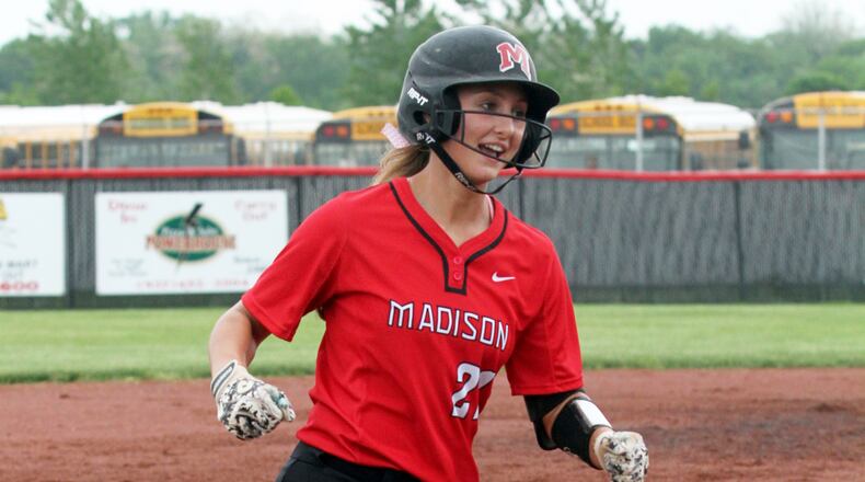 Madison’s Joey Brinegar rounds third base after hitting a home run against Blanchester at Preble Shawnee on May 18, 2015. CONTRIBUTED PHOTO BY E.L. HUBBARD