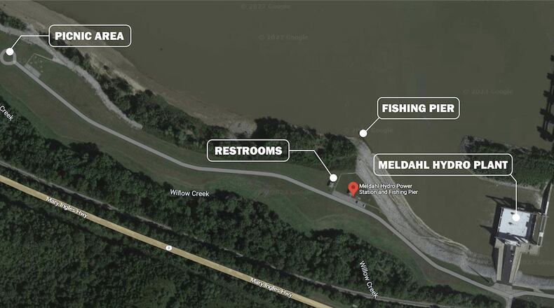 Pictured is an areal photo of the Meldahl Hydroelectric Power Plant and the park area adjacent to the facility. PROVIDED