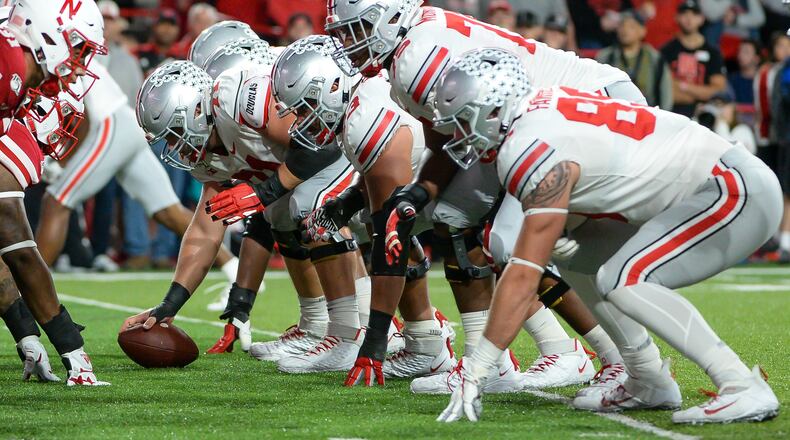 LINCOLN, NE - SEPTEMBER 28: Center Josh Myers #71 of the Ohio State Buckeyes readies to snap the ball against the Nebraska Cornhuskers at Memorial Stadium on September 28, 2019 in Lincoln, Nebraska. (Photo by Steven Branscombe/Getty Images)