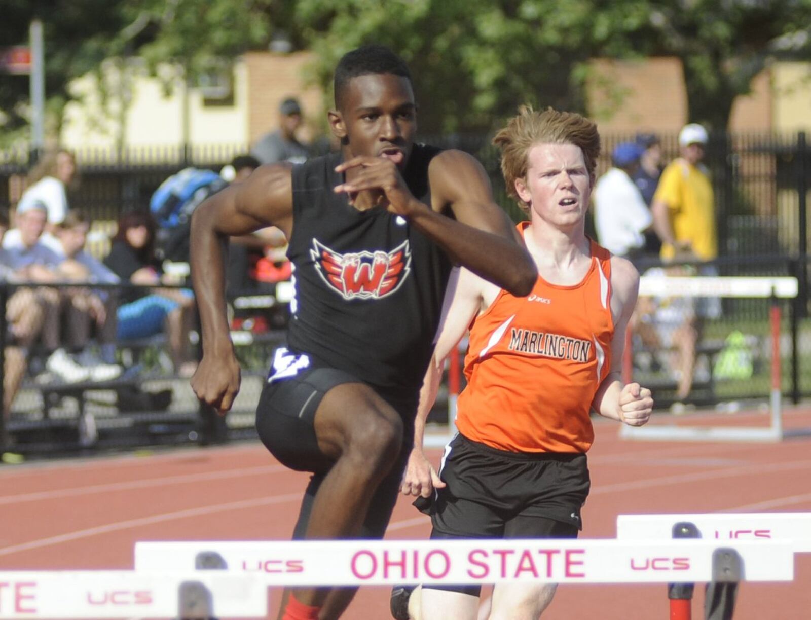 Lakota West’s Andrew Whitaker finished sixth in the 300 hurdles (38.33) during the Division I state track and field meet at Ohio State University’s Jesse Owens Memorial Stadium in Columbus on Saturday. MARC PENDLETON/STAFF