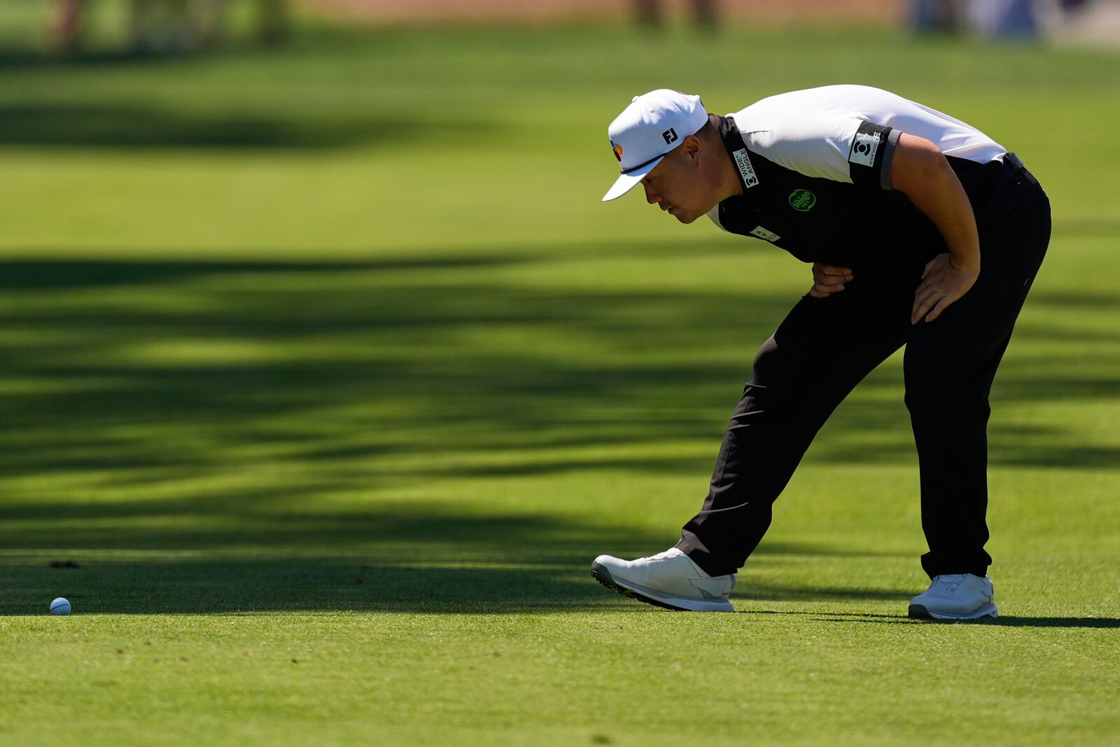 Sungjae Im lines up his shot on the fairway of the eighth hole during the first round of the RBC Heritage golf tournament, Thursday, April 17, 2025, in Hilton Head Island, S.C. (AP Photo/Mike Stewart)