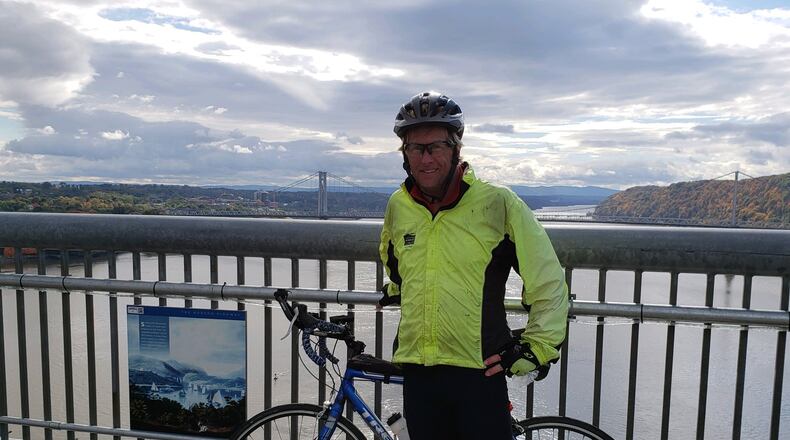 Earl McDaniel, 51, an Edgewood High School graduate, recently completed his ride across America, a 3,642-mile journey. He is pictured here on the Hudson Bridge Walkway in Poughkeepsie, N.Y.