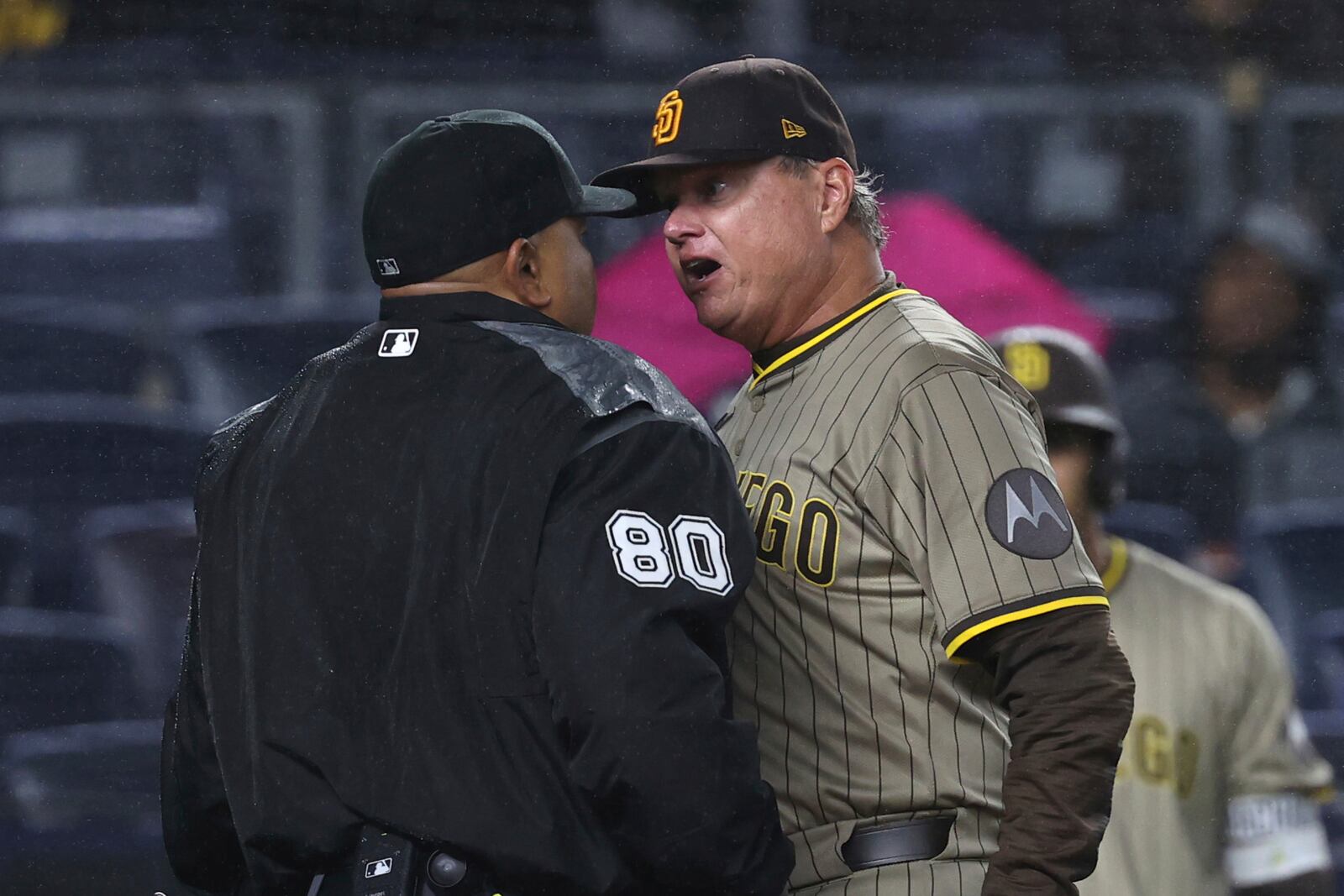 San Diego Padres manager Mike Shildt, right, argues with umpire Adrian Johnson, left, during the eighth inning of a baseball game against the New York Yankees, Monday, May 5, 2025, in New York. (AP Photo/Pamela Smith)