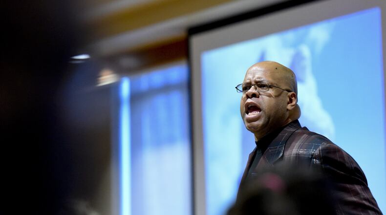 William “Kip” Moore announced several Black History Month celebrations will be held in Middletown. Here, Moore gives an inspirational performance during the Martin Luther King Jr. Day event Monday, Jan. 19, on the Atrium Medical Center campus in Middletown. NICK GRAHAM/STAFF