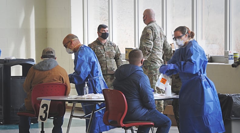 Free walk-up coronavirus testing was available the old Greene County career technology Center near Xenia Tuesday, Dec. 15, 2020, in partnership with Public Health Greene County. STAFF/MARSHALL GORBY