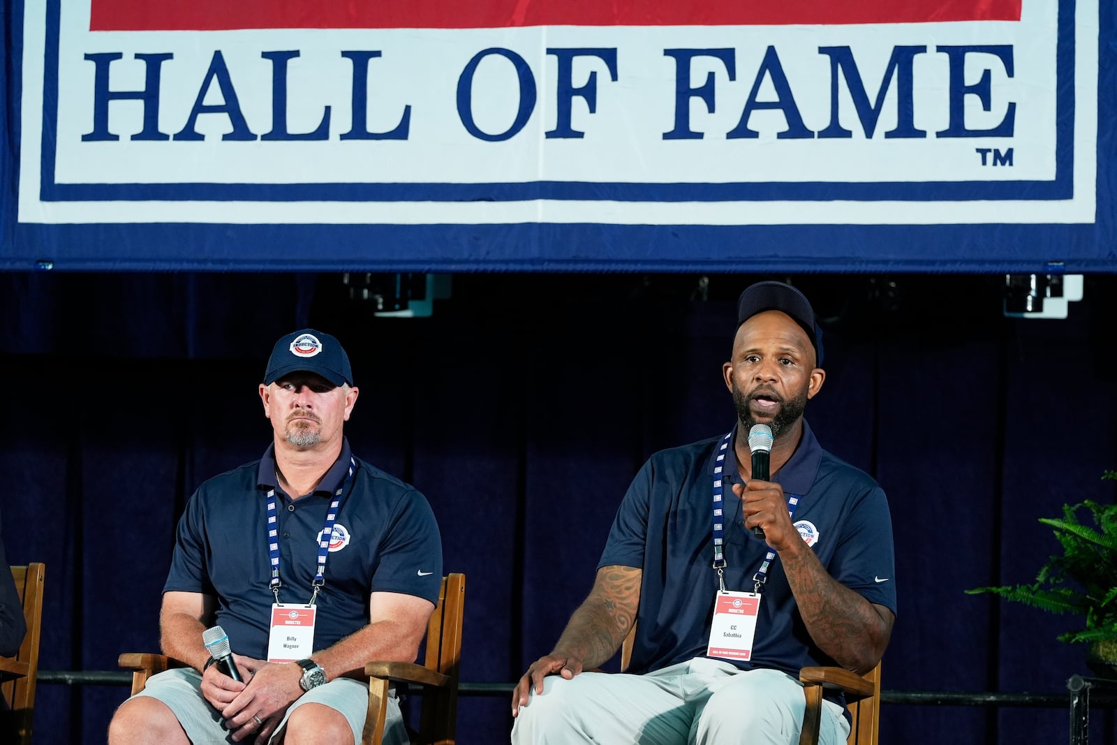Baseball Hall of Fame inductees Billy Wagner, left, and CC Sabathia speak to reporters during a news conference in Cooperstown, N.Y., Saturday, July 26, 2025. (AP Photo/Seth Wenig)