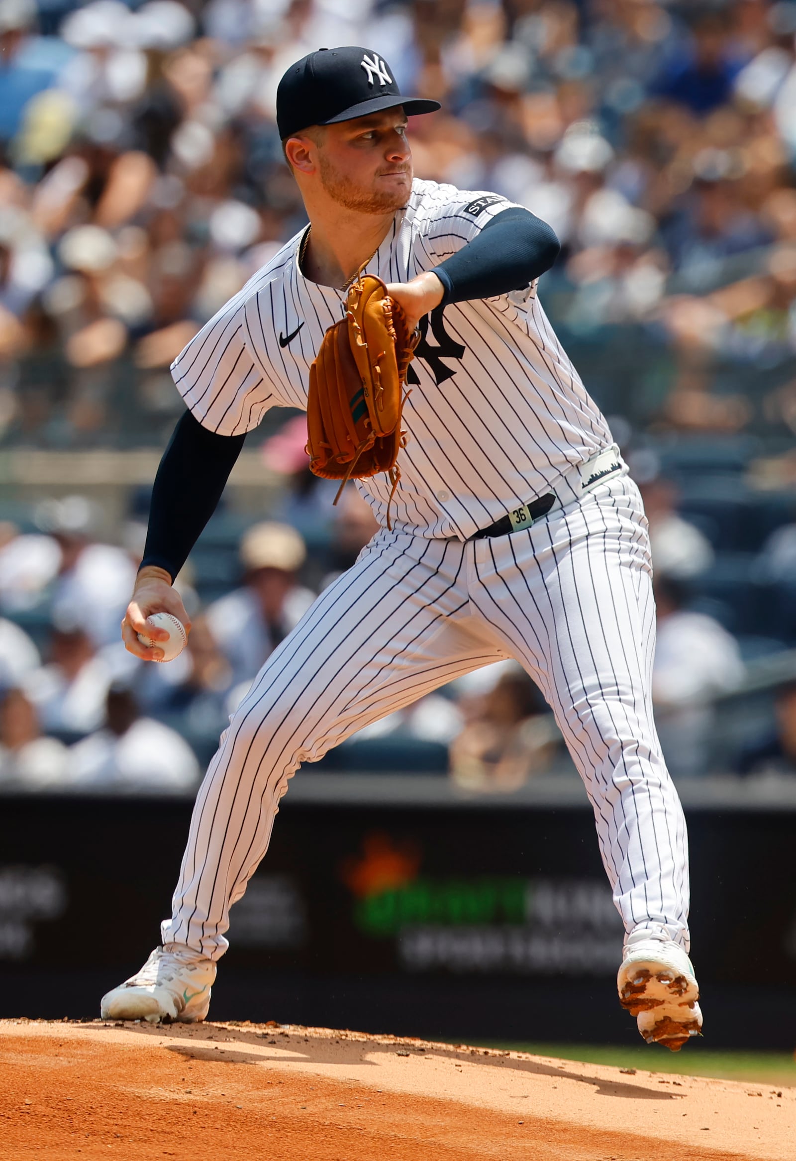 New York Yankees pitcher Clarke Schmidt (36) throws during the first inning of a baseball game against the Baltimore Orioles, Saturday, June 21, 2025, in New York. (AP Photo/Noah K. Murray)