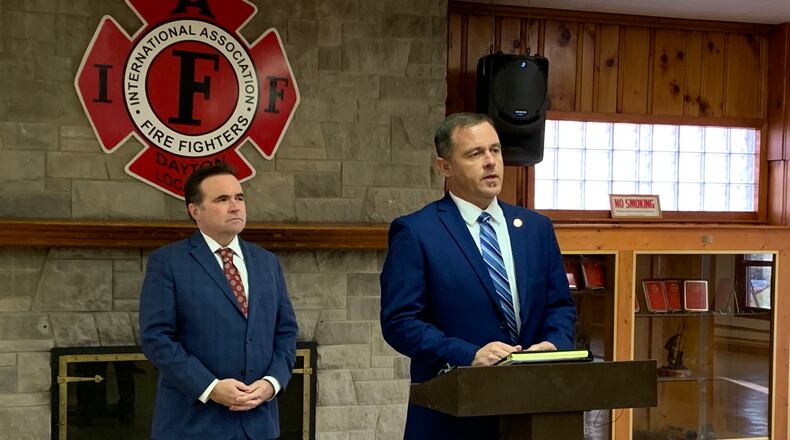 Dayton Fire Fighters Local 136 President Kraig Robinson announces the union's endorsement of Cincinnati Mayor John Cranley over Dayton Mayor Nan Whaley in the Democratic primary race for Ohio governor Wednesday, Dec. 8, 2021.