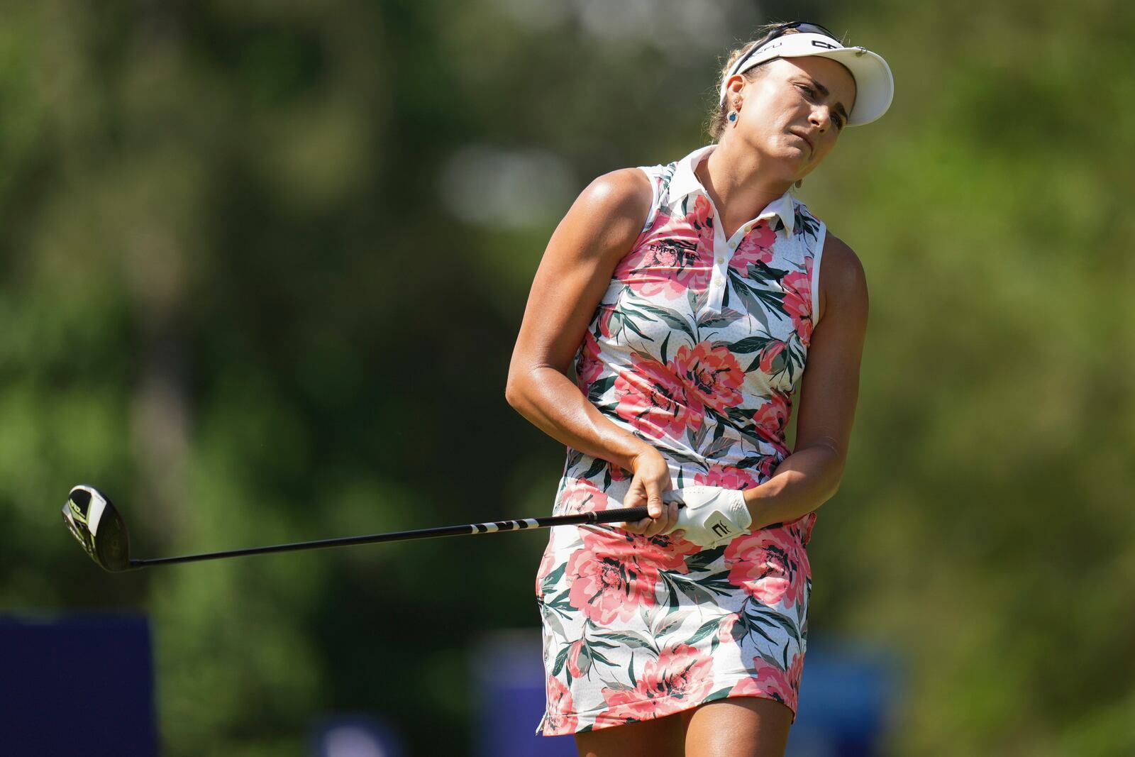 Lexi Thompson hits from the second tee during the third round of the Chevron Championship LPGA golf tournament Saturday, April 26, 2025, in The Woodlands, Texas. (AP Photo/Eric Gay)