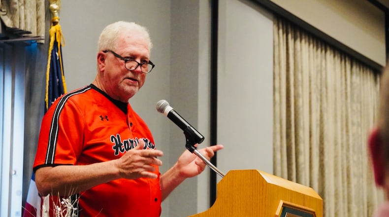 Darrel Grissom, who was inducted into the Miami University Hamilton Athletics Hall of Fame, speaks during an induction ceremony Friday, March 29 at the Harry T. Wilks Conference Center on campus. Chris Vogt/CONTRIBUTED