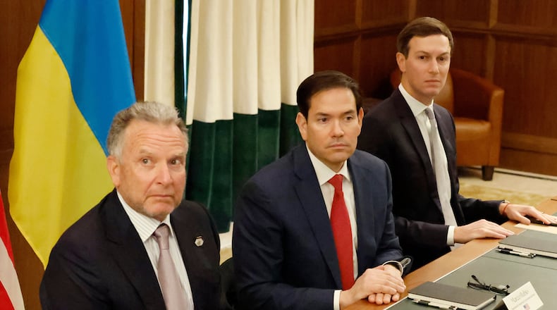 Special Envoy Steve Witkoff, left, Secretary of State Marco Rubio, center, and Jared Kushner attend a meeting with Ukrainian officials Sunday, Nov. 30, 2025, in Hallandale Beach, Fla. (AP Photo/Terry Renna)