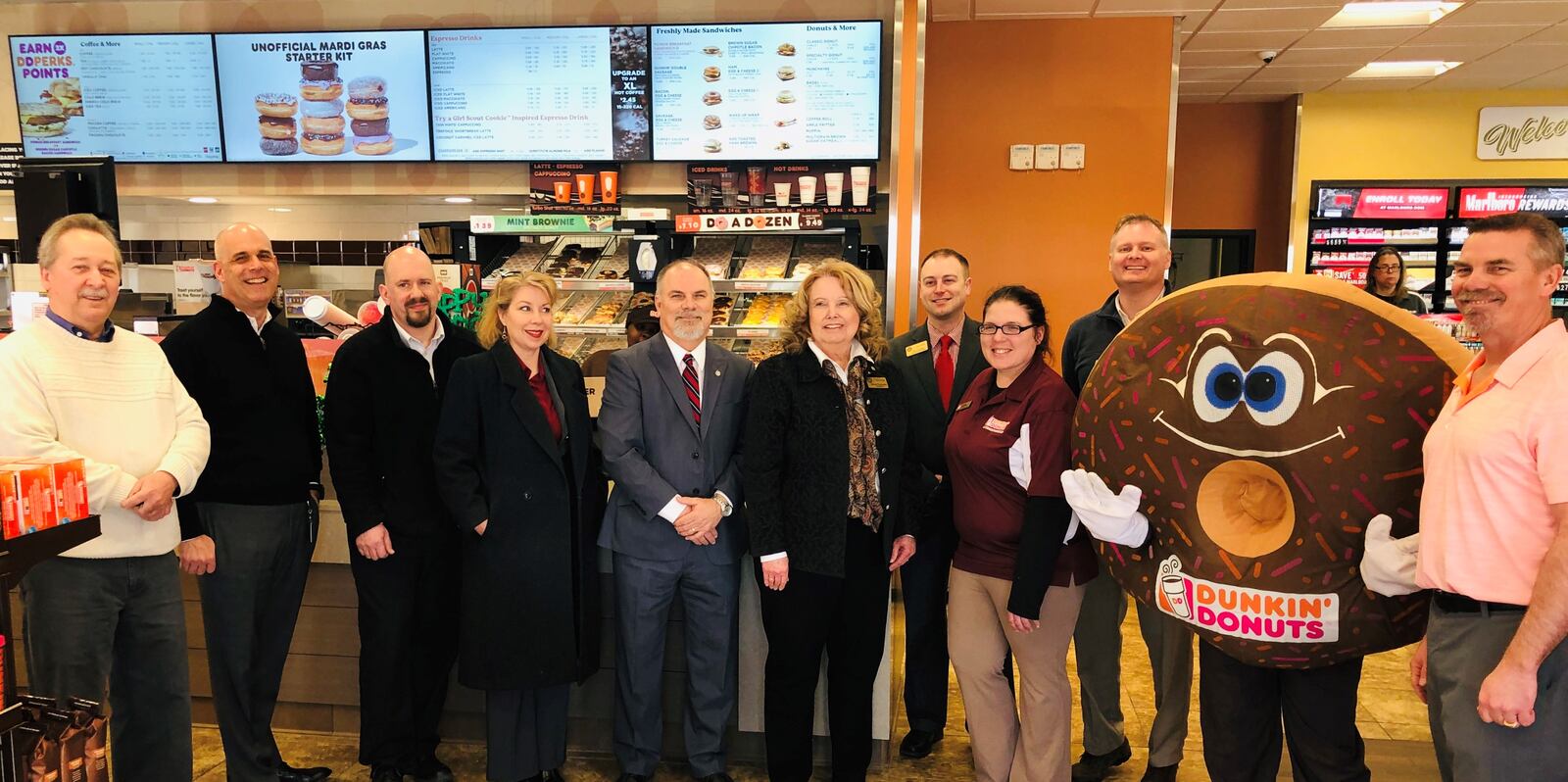 Dunkin’ recently opened its newest restaurant at 7504 Dixie Highway in Fairfield. On hand to celebrate the new location were Fairfield City Council member Bill Woeste, Fairfield City Manager Mark Wendling, Jay Lyon; district manager for the Dunkin’ division of Gilligan Co, Fairfield City Council members Leslie Besl and Craig Keller, Fairfield City Vice Mayor Debbie Pennington; Fairfield  Economic Development Manager Alex Kraemer; Lista Houck; Fairfield Dunkin' store manager, Fairfield Development Services Director Greg Kathman, "Sprinkles" the Dunkin’ mascot; Rob Beil; director of operations for the Dunkin' division of Gilligan Co. CONTRIBUTED