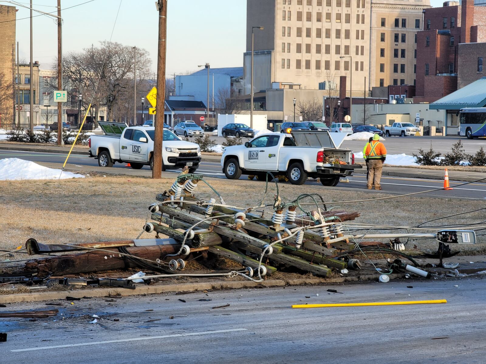 A car crash this morning in Middletown has closed parts of Ohio 4 and First Avenue until Duke can repair the damage. NICK GRAHAM/STAFF