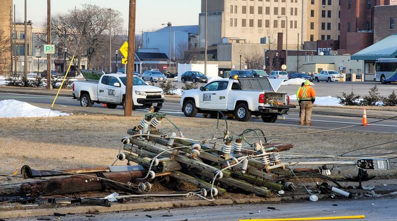 A car crash this morning in Middletown has closed parts of Ohio 4 and First Avenue until Duke can repair the damage. NICK GRAHAM/STAFF