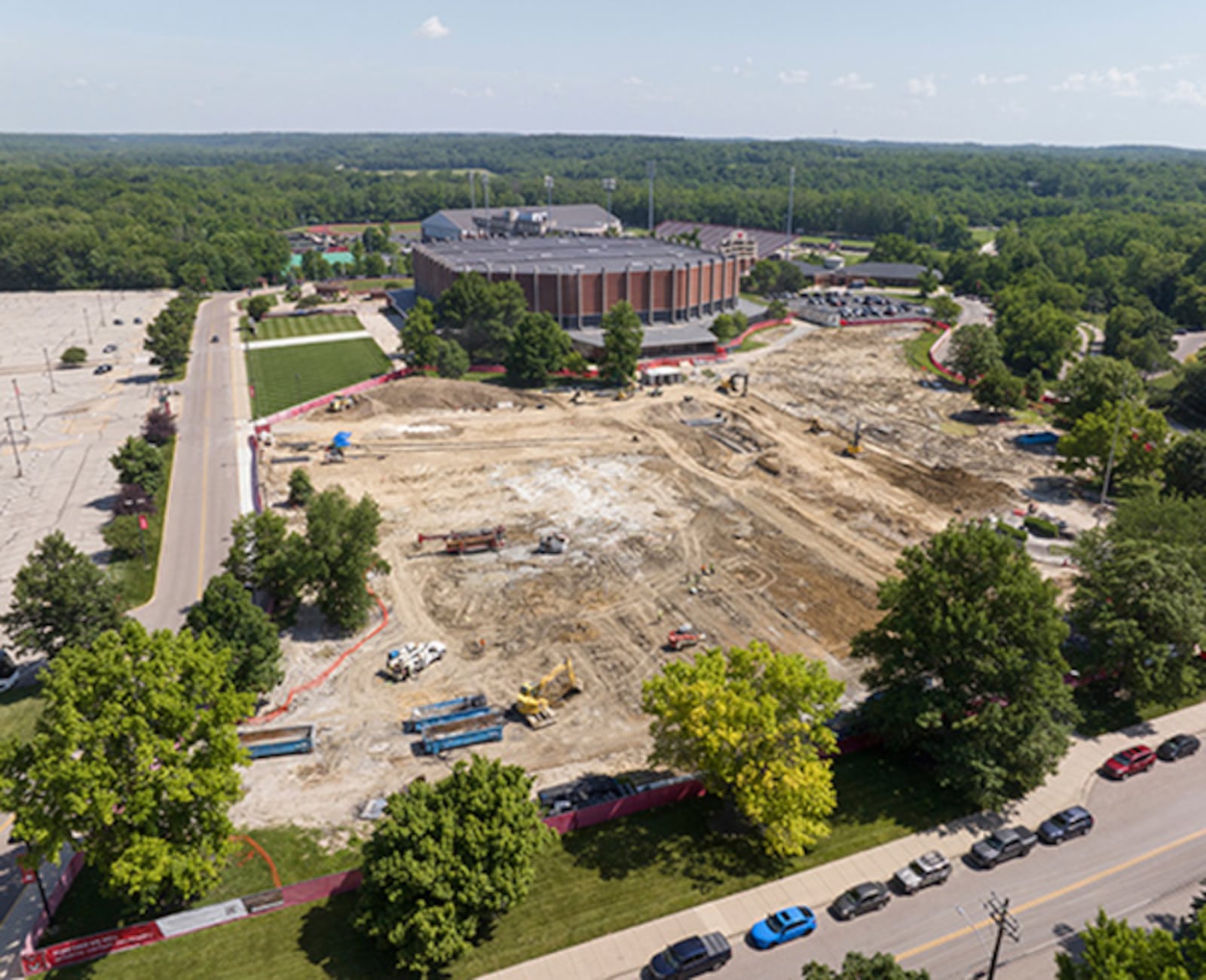 There will be some “closed for construction” signs greeting thousands of students when they return later this month to start the new school year at Miami University’s main Oxford campus. Started in 2024 and scheduled to be completed in the coming late fall, final drilling was completed in May, said Powell, for the North Chiller Plant Geothermal Conversion project.
The project will continue to impact some student parking, nearby roadways and sidewalks adjacent to the Millett sports arena and office complex along the campus’ northern border. (Provided)