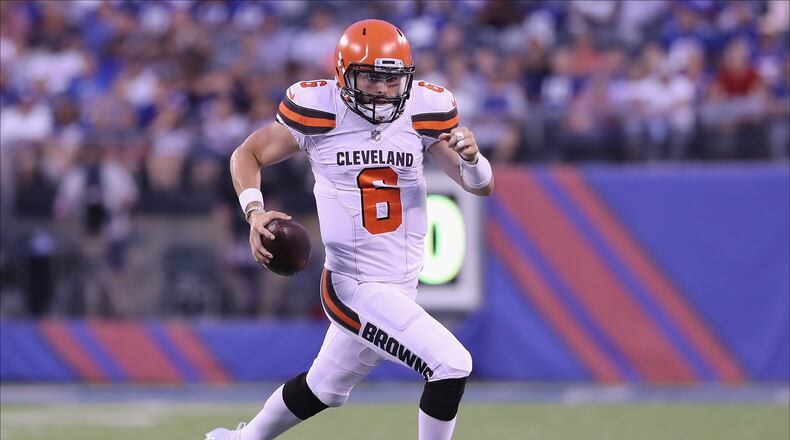EAST RUTHERFORD, NJ - AUGUST 09: Baker Mayfield #6 of the Cleveland Browns carries the ball in the second quarter against the New York Giants during their preseason game on August 9,2018 at MetLife Stadium in East Rutherford, New Jersey. (Photo by Elsa/Getty Images)