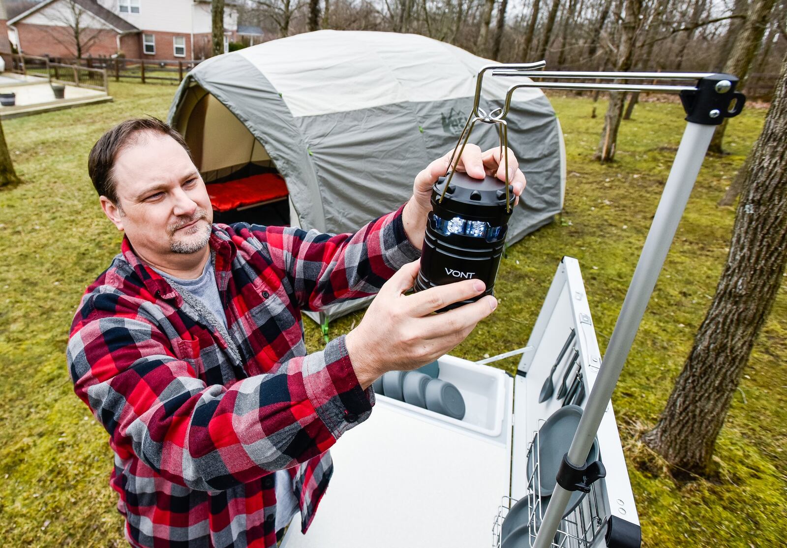 Peter Donley, of Liberty Twp., recently started Squirrel Box Camping, which provides its customers with a hassle free camping experience. Customers reserve a campsite at their favorite camping destination then reserve a tent and gear through Squirrel Box. A Squirrel Box Camping associate then arrives at the camp site to set it up and returns at the end of the camping trip to pack up. NICK GRAHAM/STAFF