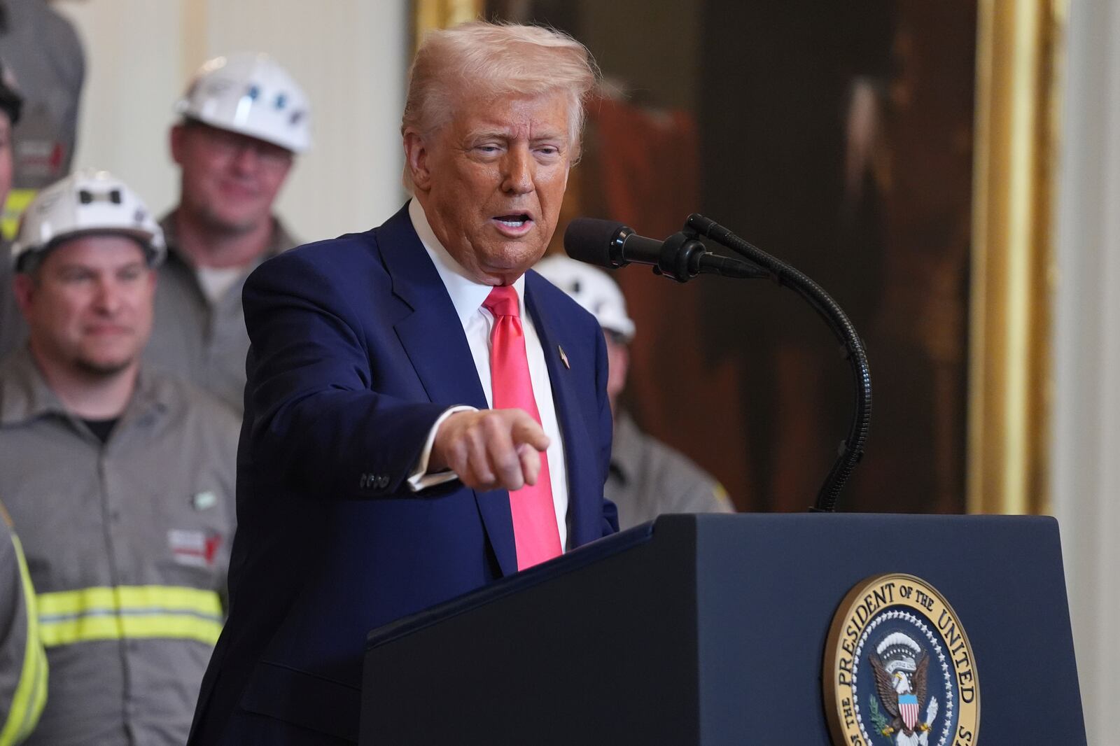 President Donald Trump speaks during an event on energy production in the East Room of the White House, Tuesday, April 8, 2025, in Washington. (AP Photo/Evan Vucci)