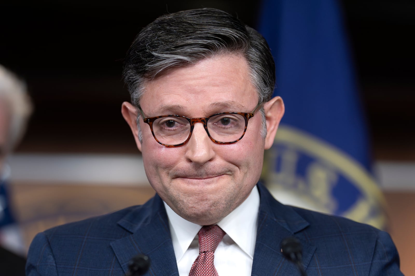 Speaker of the House Mike Johnson, R-La., blames Democrats, former President Joe Biden, and Republican lawmaker Thomas Massie of Kentucky, over the Jeffrey Epstein situation, during a news conference at the Capitol in Washington, Tuesday, July 22, 2025. (AP Photo/J. Scott Applewhite)