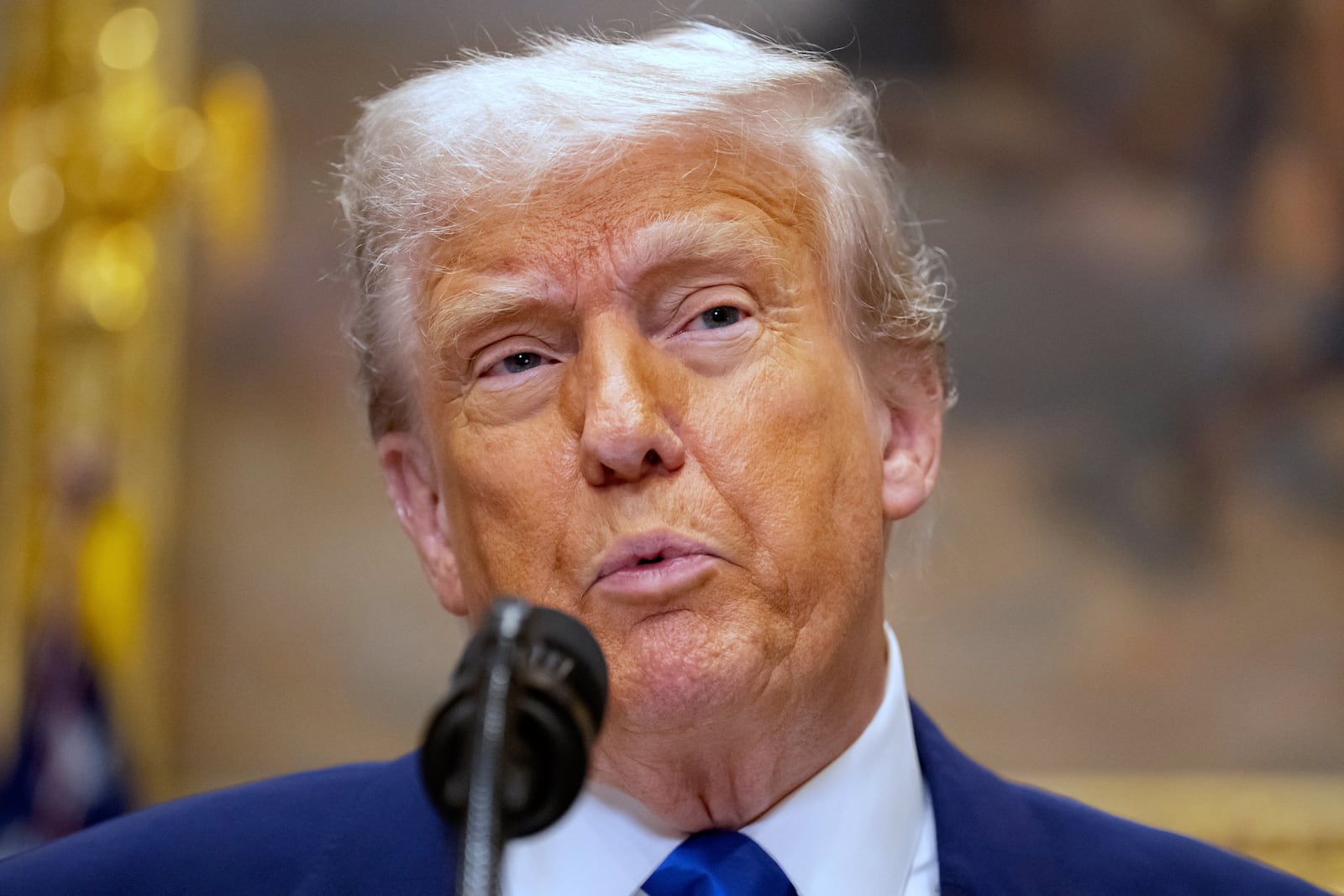 President Donald Trump speaks during an event in the Roosevelt Room at the White House, Monday, May 12, 2025, in Washington. (AP Photo/Mark Schiefelbein)