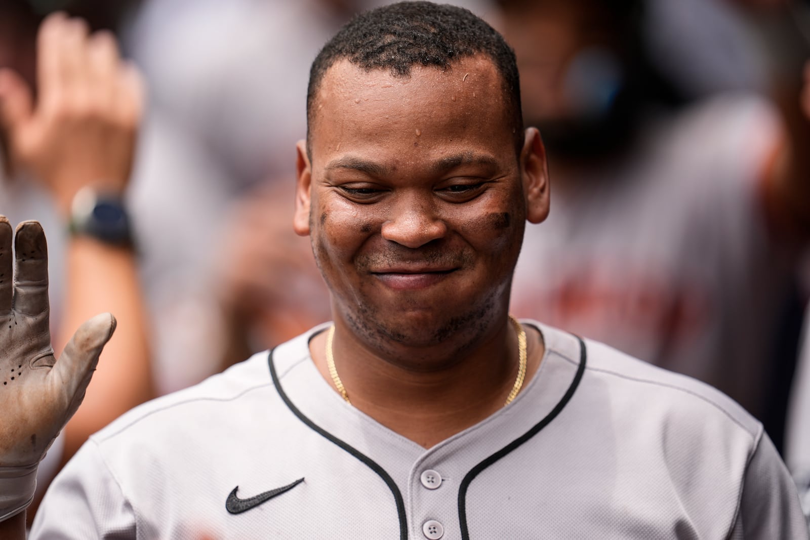 San Francisco Giants designated hitter Rafael Devers (16) celebrates his three-run home run against the Atlanta Braves in the sixth inning of a baseball game, Wednesday, July 23, 2025, in Atlanta. (AP Photo/Mike Stewart)