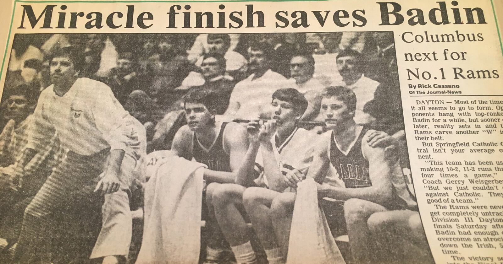 Badin coach Gerry Weisgerber watches intently as his Rams face Springfield Catholic Central in a Division III regional final March 19, 1988, at the University of Dayton Arena. Badin won 51-48 in overtime to advance to the Final Four. Watching from the bench (from left) are John Brinck, Ken Horner and Dan Richter. COX MEDIA FILE PHOTO