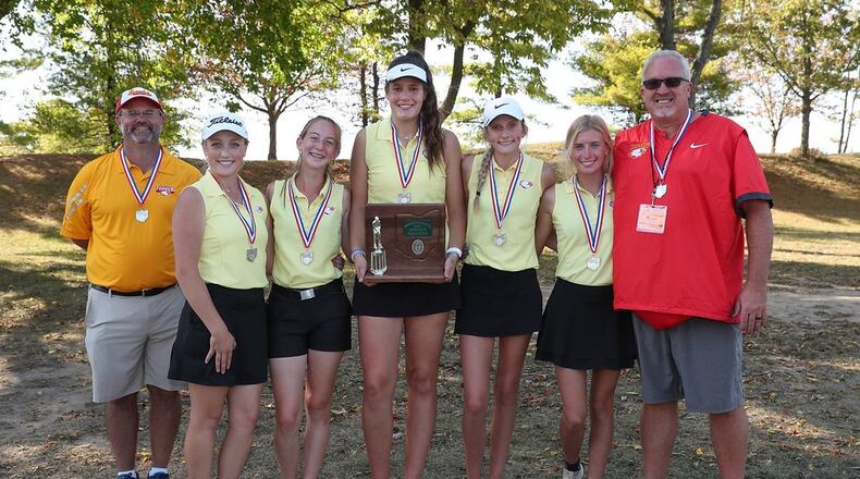 The Fenwick High School girls golf team qualified for this week's Division II state tournament at Ohio State University's Gray Course in Columbus. From left: Assistant coach Mike Snyder, Halley McNair, Amelia Snyder, Natalie Allen, Kaitlyn Hemmelgarn, Jocelyn Wright, head coach Scott Dalton. CONTRIBUTED