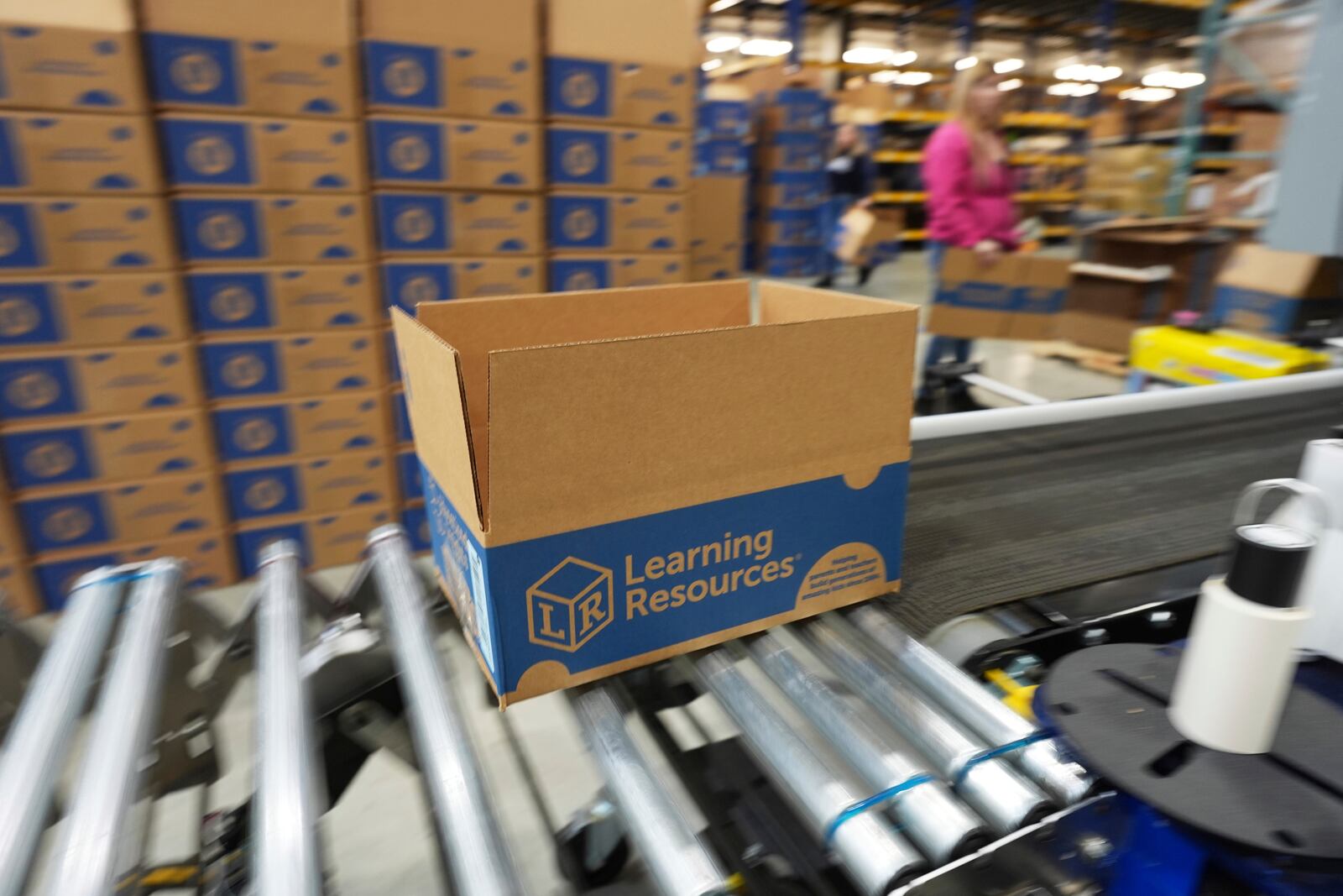 A shipping parcel for Learning Resources, an educational toy company whose products are manufactured in China, is shown at a warehouse in Vernon Hills, Ill., Friday, April 11, 2025. (AP Photo/Nam Y. Huh)
