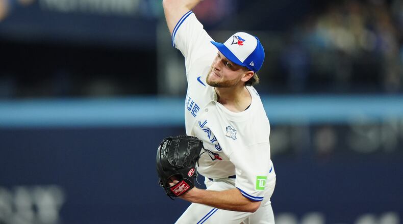 Toronto Blue Jays pitcher Trey Yesavage delivers against the Los Angeles Dodgers during first inning of Game 1 of baseball's World Series in Toronto, Friday, Oct. 24, 2025. (Frank Gunn/The Canadian Press via AP)