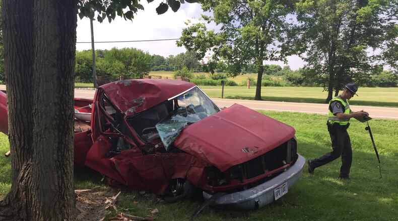 The driver of a pickup truck was transported to a hospital after a crash into a tree in Franklin Twp. on Thursday, June 27, 2019. ED RICHTER / STAFF