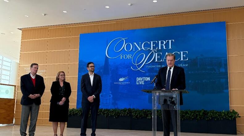 From left: Patrick Nugent, president and CEO of the Dayton Performing Arts Alliance; Sue Edwards, president of Wright State University; Gabriel van Aalst, president and CEO of Dayton Live; and Congressman Mike Turner (OH-10) announce the "Concert for Peace" Monday at the Schuster Center. Photo by Russell Florence Jr.