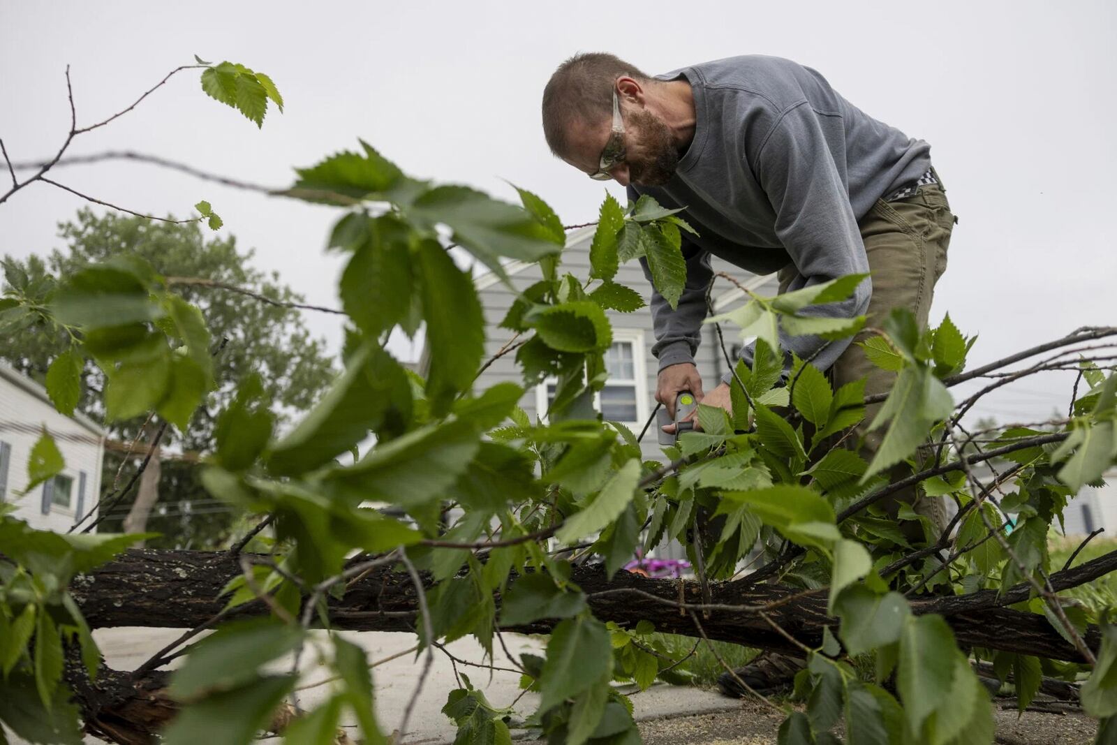 Casey Fiest uses an electric chainsaw to cut limbs off of a broken tree laying in a yard from the previous night's severe thunderstorms in Bismarck, N.D., on Saturday, June 21, 2025. (Tanner Ecker /The Bismarck Tribune via AP)