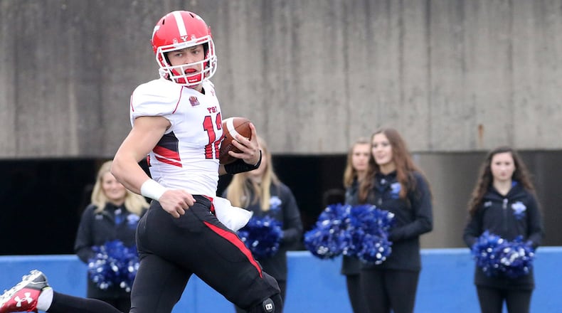 Youngstown State quarterback Ricky Davis runs for a touchdown at Indiana State on Nov. 4, 2017. Davis threw for four TDs and ran for two in the 66-24 win, and he set a single-game school record for offensive yards with 447 (349 passing, 98 rushing). PHOTO BY DR. DARYL MINCEY/YSU ATHLETICS