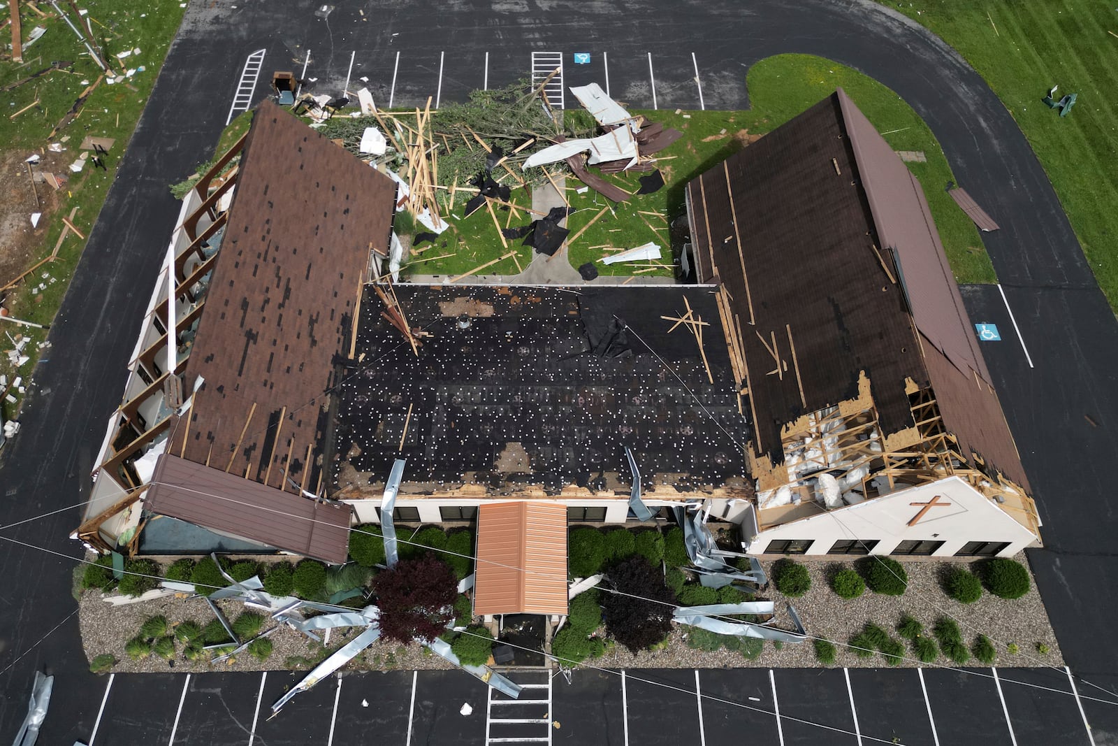 Redeemer Lutheran Church is damaged, Sunday, May 18, 2025, along Highway 27 in Somerset, Ky., after a severe storm passed through the area. (AP Photo/Carolyn Kaster)
