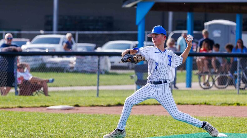 West Side pitcher Bobby Frazier (7) prepares to send a pitch to the plate during his Ohio Little League District 9 tournament game against Loveland on Tuesday at West Side Little League. West Side won 14-0. TOM PATE / CONTRIBUTED