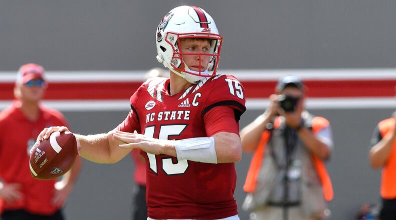 RALEIGH, NC - SEPTEMBER 29: Ryan Finley #15 of the North Carolina State Wolfpack drops back to pass against the Virginia Cavaliers at Carter-Finley Stadium on September 29, 2018 in Raleigh, North Carolina. NC State won 35-21. (Photo by Lance King/Getty Images)