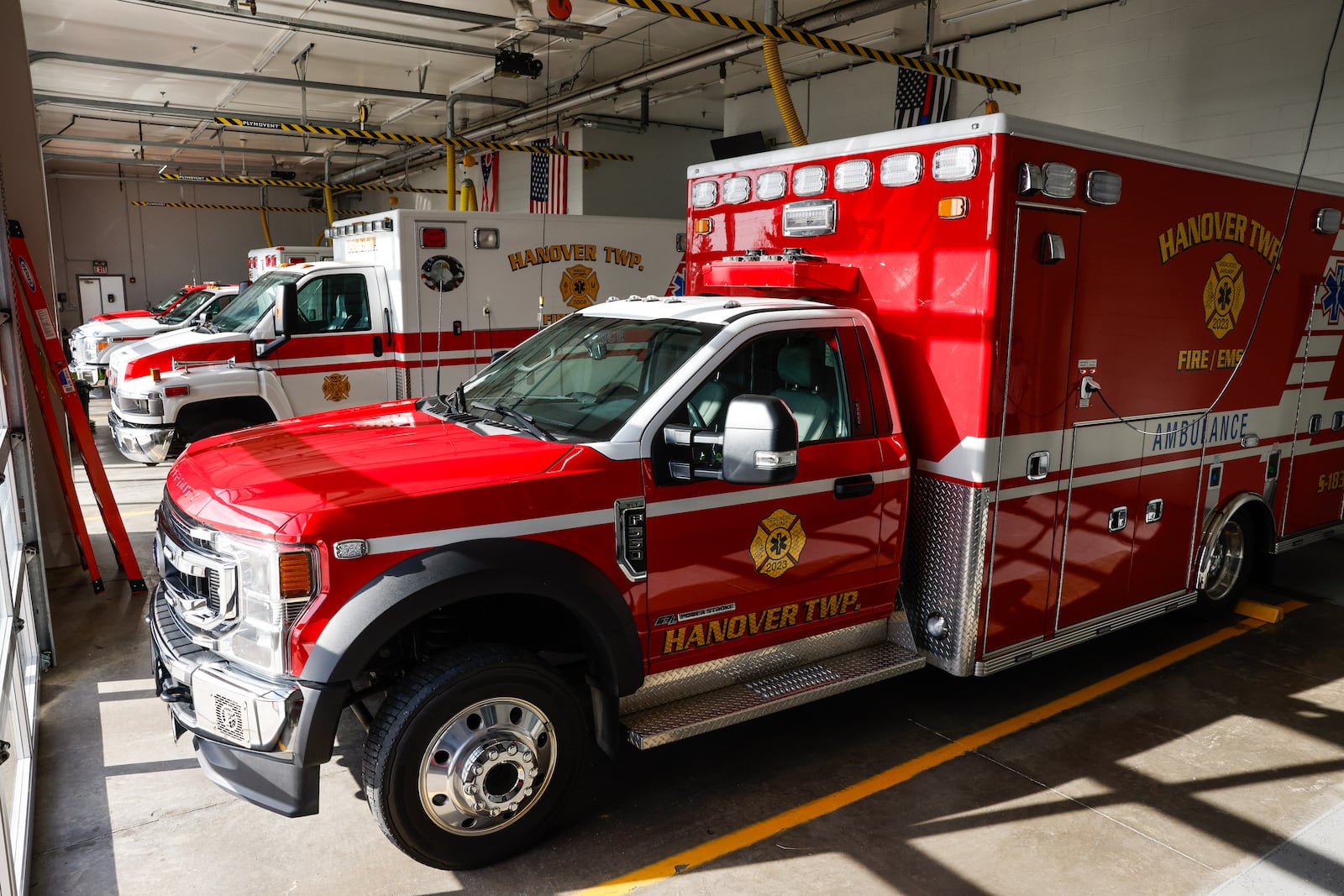 An ambulance sits inside the Hanover Twp. Fire Station at 1775 Morman Road. The township is putting before voters a 5-mill fire/EMS levy for fire and emergency services on the May 5 ballot to replace a levy set to expire at the end of the year. NICK GRAHAM/STAFF