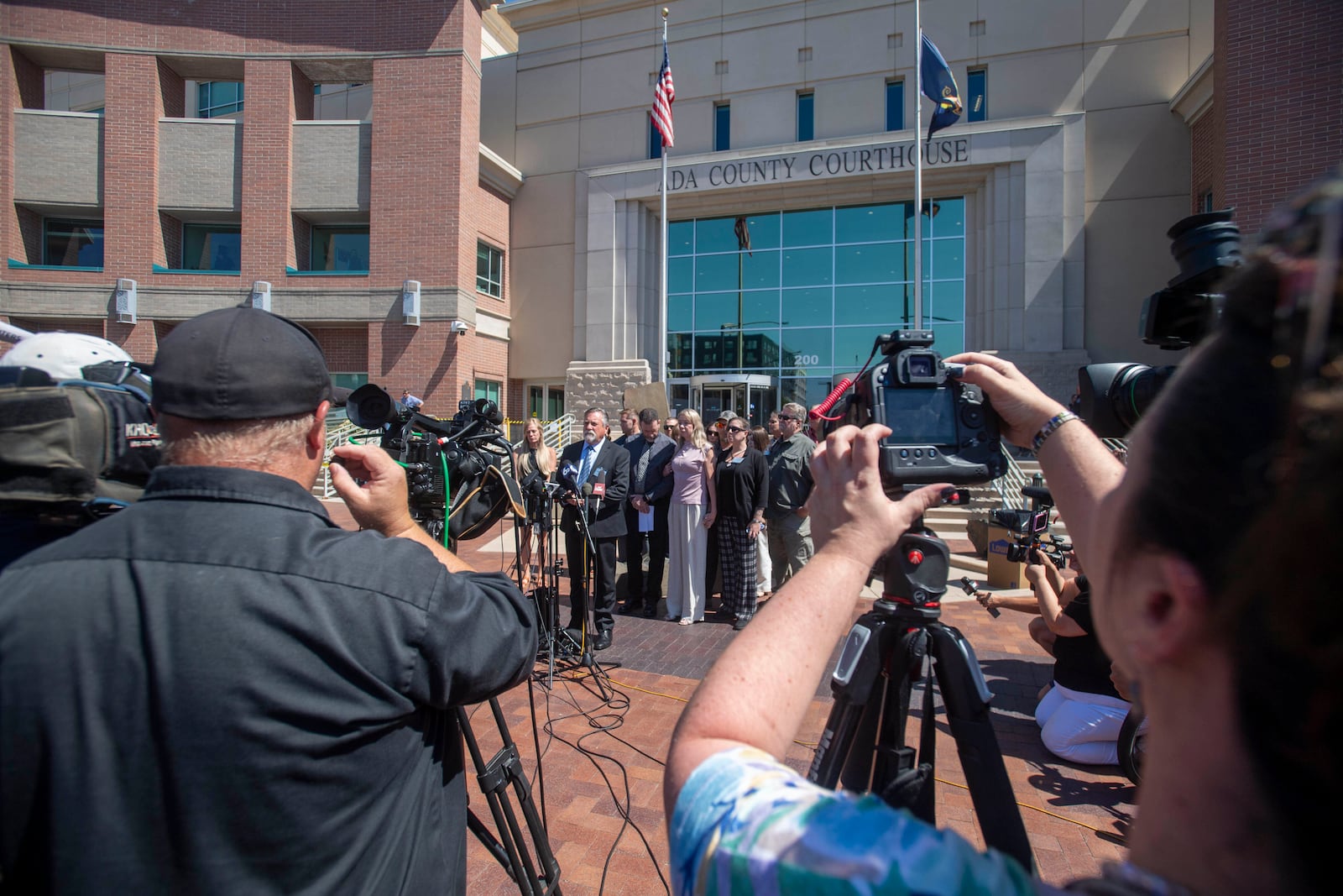 A statement is made after the Bryan Kohberger sentencing Wednesday, July 23, 2025, outside of the Ada County Courthouse in Boise, Idaho. (AP Photo/Drew Nash)