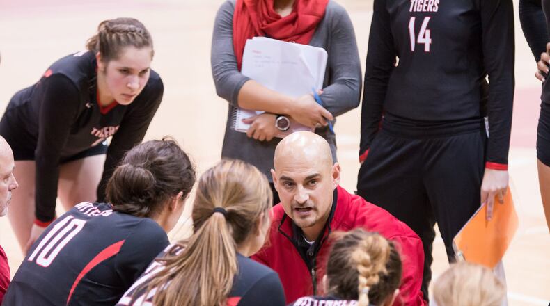 Wittenberg volleyball coach Paco Labrador talks to his team during a match at Pam Evans Smith Arena. Contributed photo by Erin Pence