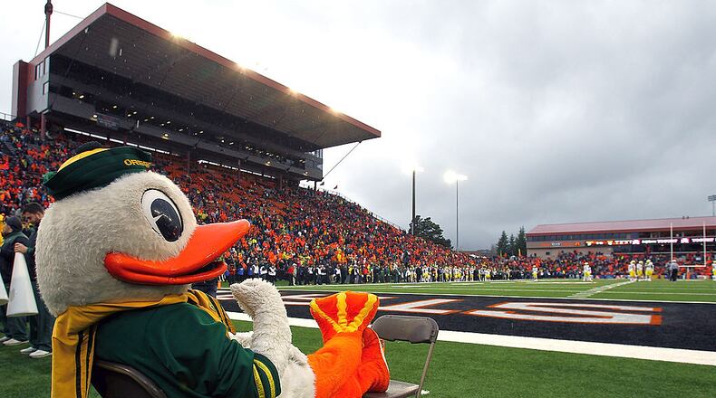 CORVALLIS, OR - NOVEMBER 24: Puddles the mascot watches the game against the Oregon Ducks of the Oregon State Beavers during the 116th Civil War on November 24, 2012 at the Reser Stadium in Corvallis, Oregon. (Photo by Jonathan Ferrey/Getty Images)