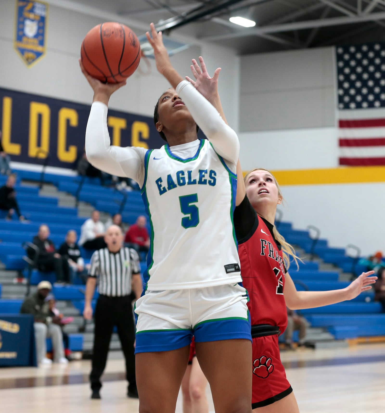 CJ freshman Laila Walker-Lowe scores a layup. CJ defeated Franklin 73-39 in a Division III district semifinal game on Wednesday, Feb. 25, 206, in Springfield. STEVEN WRIGHT / STAFF
