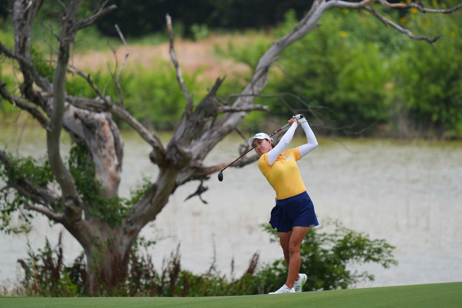 Minjee Lee watchers her shot the 14th hole during the first round of the Women's PGA Championship golf tournament Thursday, June 19, 2025, Frisco, Texas. (AP Photo/LM Otero)
