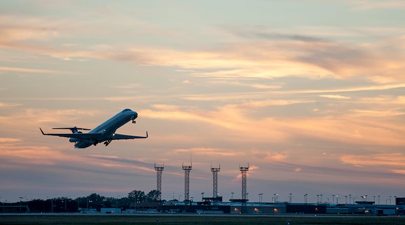A jet airplane takes off at the Dayton International Airport.