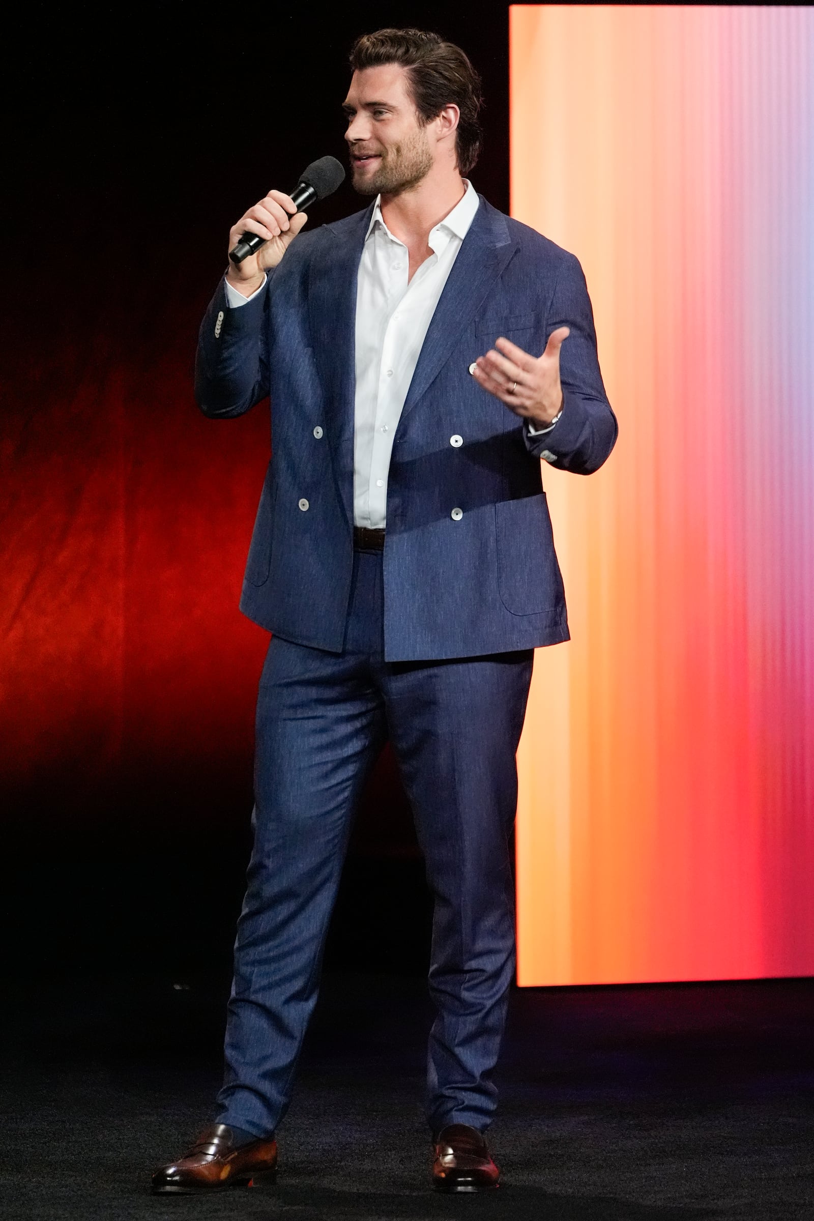 David Corenswet, cast member of the upcoming film "Superman," speaks during the Warner Bros. Pictures presentation at CinemaCon on Monday, April 1, 2025, at Caesars Palace in Las Vegas. (AP Photo/Chris Pizzello)