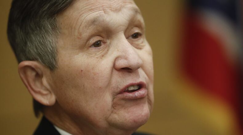 Former U.S. Rep. Dennis Kucinich speaks at a news conference, Thursday, Jan. 18, 2018, in Cincinnati, after announcing his run for Ohio governor the previous day Kucinich said he would muster state resources to fight poverty and violence, boost arts and education and expand economic opportunity. (AP Photo/John Minchillo)