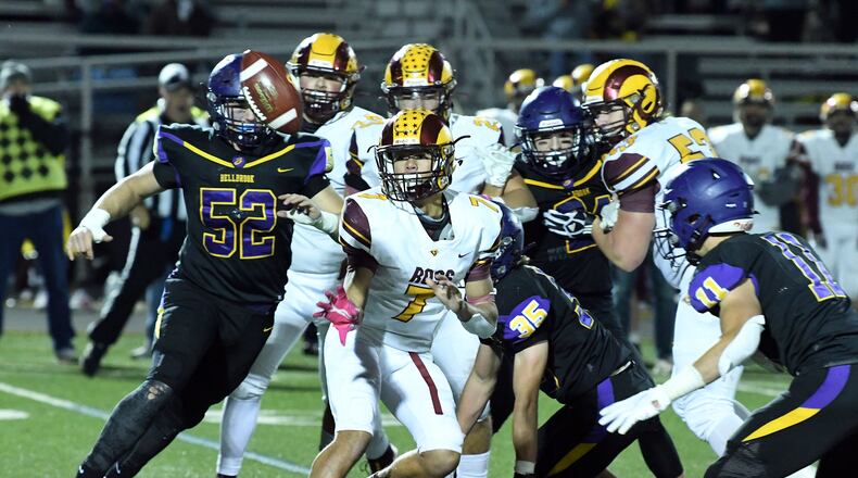 Ross quarterback C.J. Boze (7) rushed for 143 yards and three touchdowns in the Rams' 41-19 win over Bellbrook last week. Ross hosts Alter on Friday night in the Division III, Region 12 final. Nick Falzerano/CONTRIBUTED