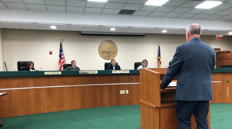 Warren County Health Commissioner Duane Stansbury before the county commissioners on Tuesday.STAFF/LAWRENCE BUDD