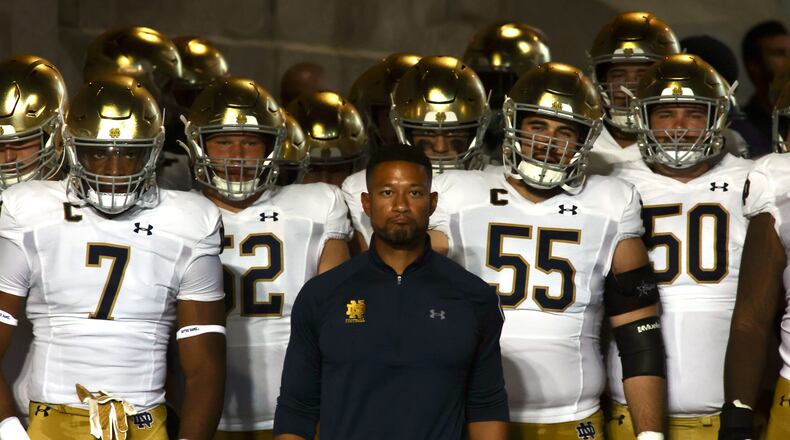 Notre Dame coach Marcus Freeman waits to lead his team onto the field before a game against Ohio State on Saturday, Sept. 3, 2022, at Ohio Stadium in Columbus. David Jablonski/Staff